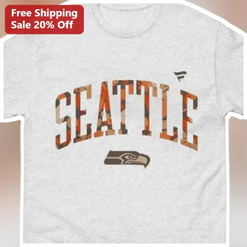 Seattle Camo Hawk Collegiate Graphic Tee for Seahawks Fans and Pacific Northwest Locals available at our Chicago, Illinois warehouse