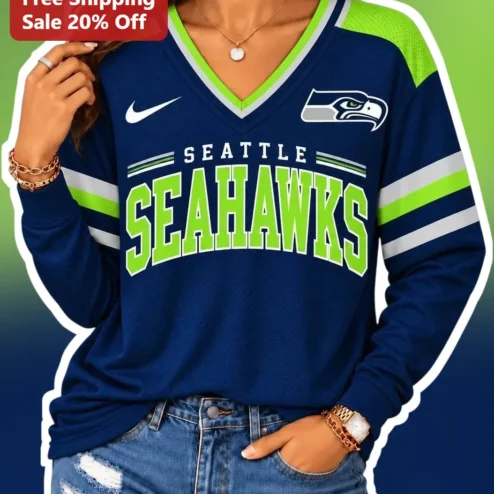 Seattle Seahawks Jersey Women's Navy Blue Long Sleeve V-Neck NFL Football Fan Gear