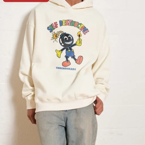 Self Destructive Cartoon Bomb Hoodie Retro Rubber Hose Style Edgy Streetwear Pullover on a hanger, ready to ship from Chicago, Illinois