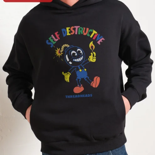 Self Destructive Cartoon Bomb Hoodie Retro Rubber Hose Style Edgy Streetwear Pullover