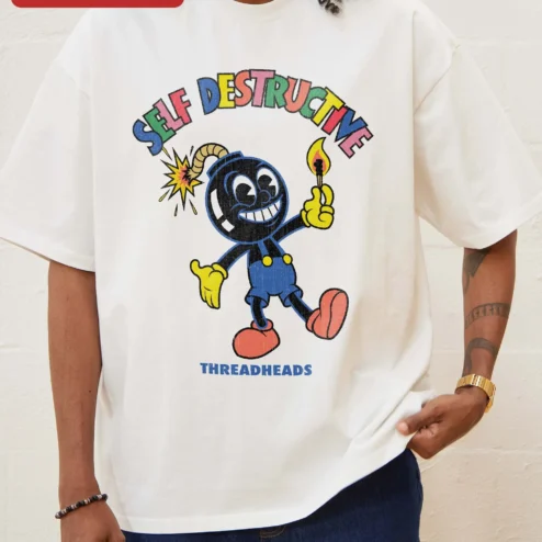 Self Destructive Retro Cartoon Bomb Graphic Tee for Men Women Streetwear on a hanger, ready to ship from Chicago, Illinois