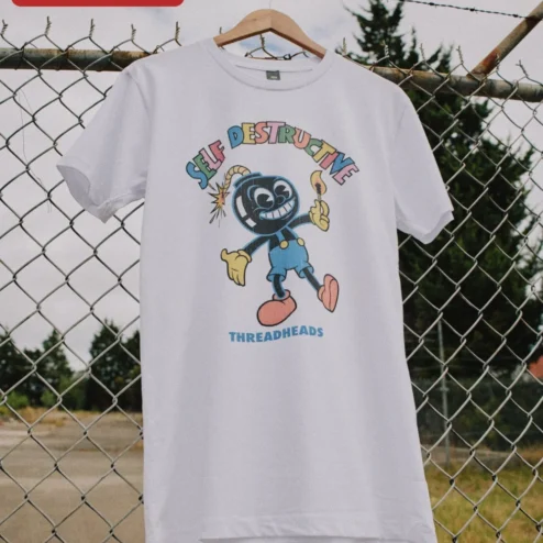 Self Destructive Tee Retro Rubber Hose Cartoon Bomb Vintage Streetwear Graphic Shirt on a hanger, ready to ship from Chicago, Illinois