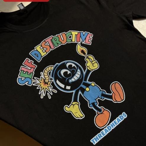 Customer in Chicago, Illinois wearing Self Destructive Tee Retro Rubber Hose Cartoon Bomb Vintage Streetwear Graphic Shirt