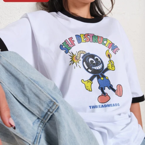 Close-up of Self Destructive Tee Retro Rubber Hose Cartoon Bomb Vintage Streetwear Graphic Shirt for streetwear fans in Chicago, Illinois