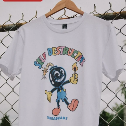 Self Destructive Tee Retro Rubber Hose Cartoon Bomb Vintage Streetwear Graphic Shirt
