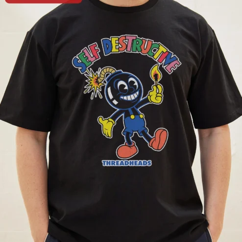 Customer in Chicago, Illinois wearing Self Destructive Tee Retro Rubber Hose Cartoon Bomb Vintage Streetwear Graphic Shirt