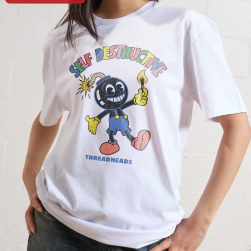 Close-up of Self Destructive Tee Retro Rubber Hose Cartoon Bomb Vintage Streetwear Graphic Shirt for streetwear fans in Chicago, Illinois