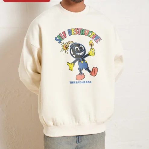 Self Destructive Threadheads Cartoon Bomb Sweatshirt on a hanger, ready to ship from Chicago, Illinois