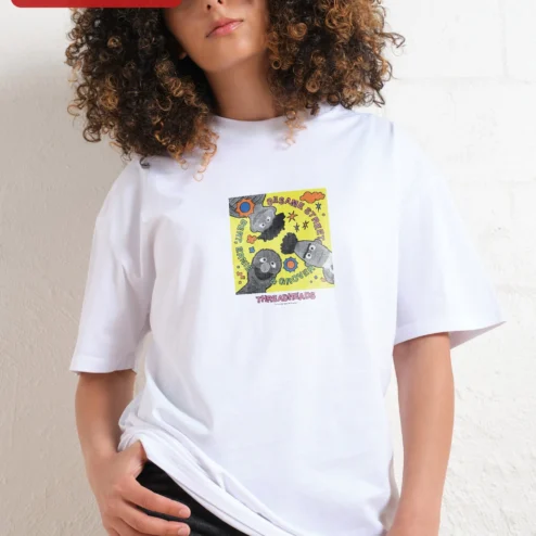 Close-up of Sesame Street Bert Ernie Grover Retro Graphic Tee for Women and Men for streetwear fans in Chicago, Illinois