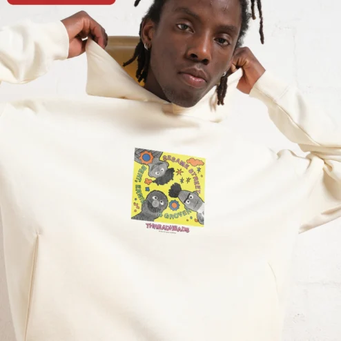 Close-up of Sesame Street Bert Ernie Grover Retro Hoodie for streetwear fans in Chicago, Illinois