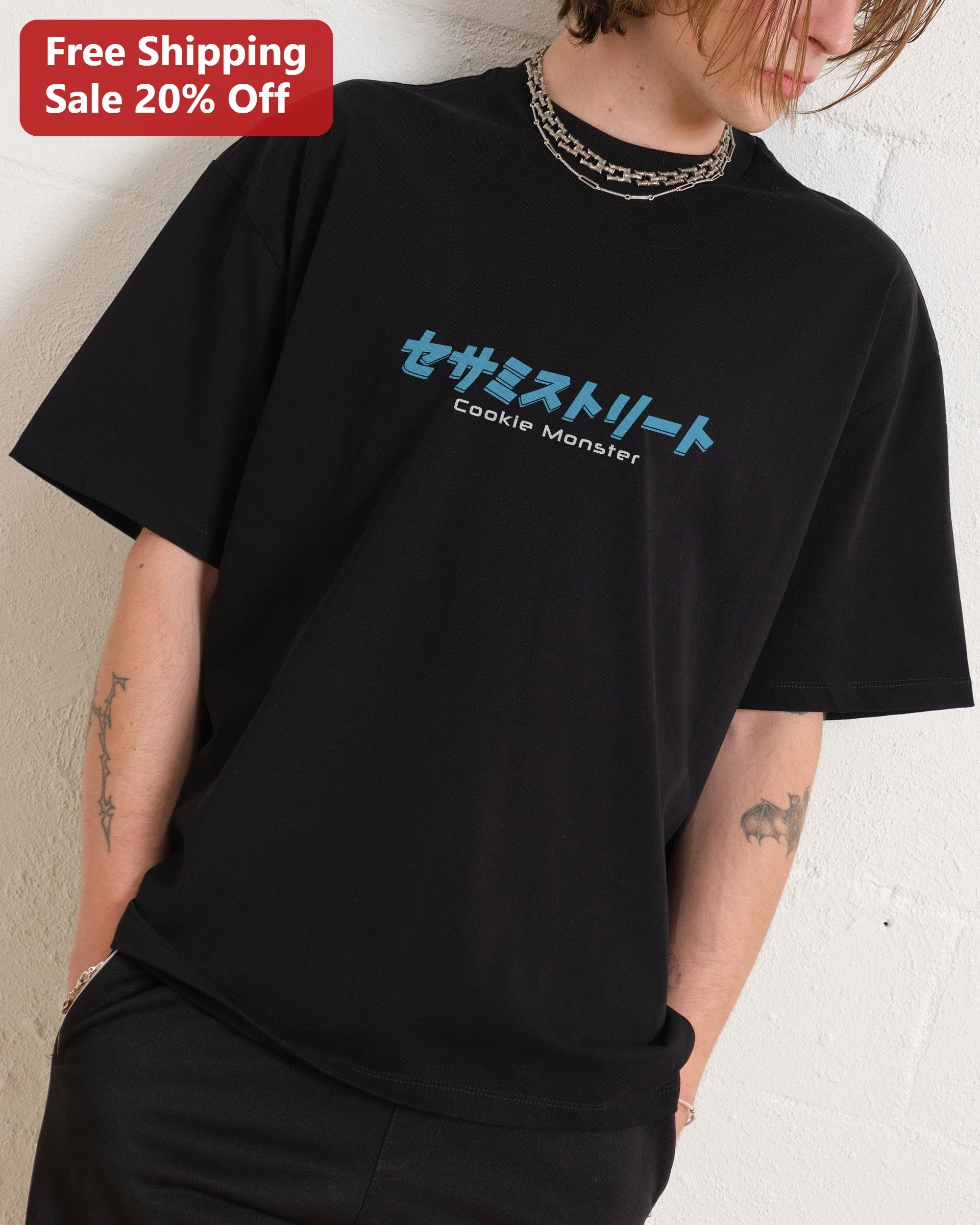 Sesame Street Cookie Monster Tee Japanese Typography Graphic T-Shirt for Adults