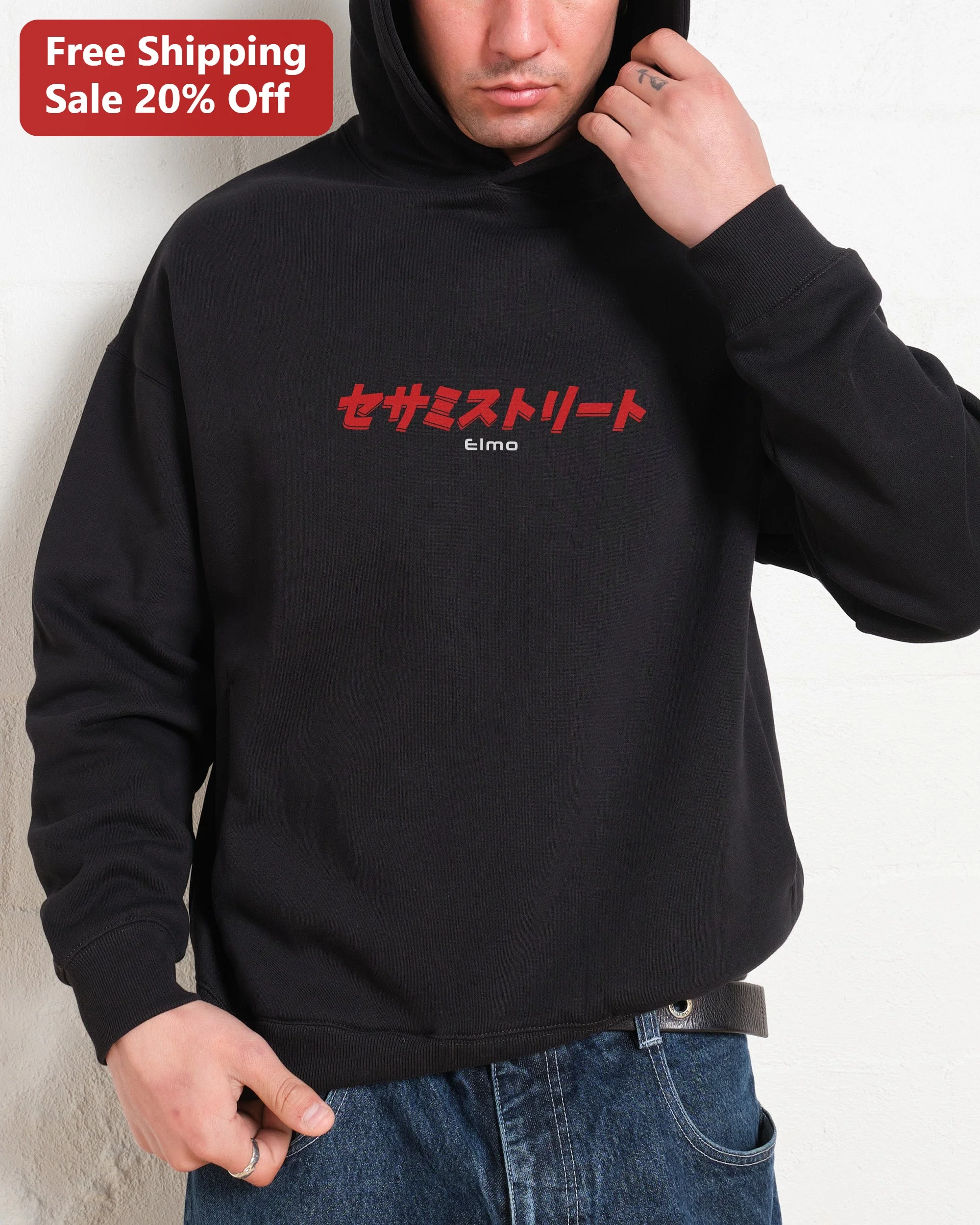 Sesame Street Elmo Hoodie Japanese Typography Black Pullover for Adults