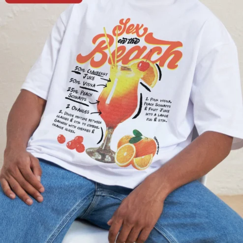 Sex on the Beach Cocktail Graphic Tee Retro Recipe Shirt for Bartenders and Summer Vacation on a hanger, ready to ship from Chicago, Illinois