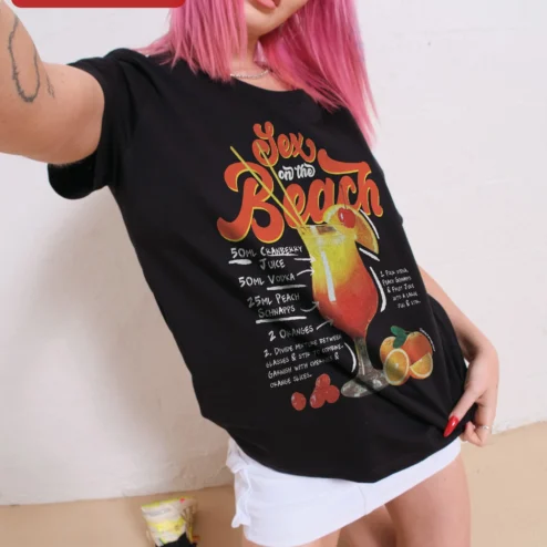 Customer in Chicago, Illinois wearing Sex on the Beach Cocktail Retro Graphic Tee Summer Vacation Party Shirt