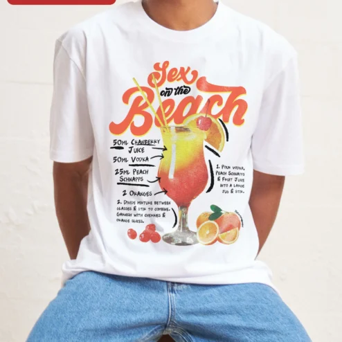 Close-up of Sex on the Beach Cocktail Retro Graphic Tee Summer Vacation Party Shirt for streetwear fans in Chicago, Illinois