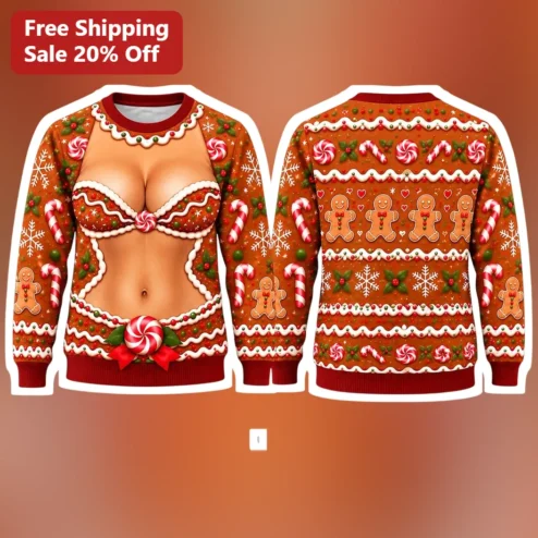 Sexy Gingerbread Bikini Sweater Ugly Christmas Pullover Funny Holiday Party Gift