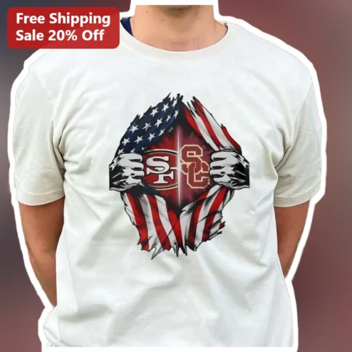 SF USC Tee San Francisco 49ers and Trojans American Flag Graphic T-Shirt for Men Women Game Day
