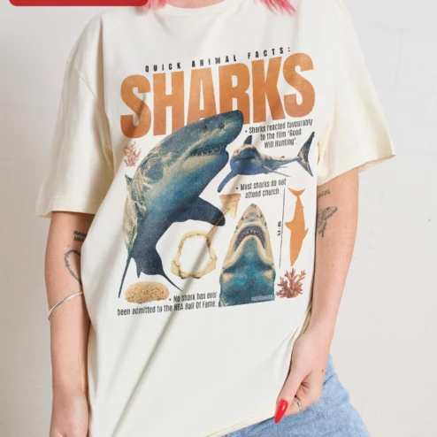 Shark Facts Tee Quick Animal Facts Funny Marine Biology Gift for Science Teachers on a hanger, ready to ship from Chicago, Illinois