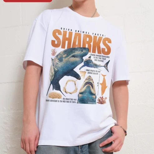 Customer in Chicago, Illinois wearing Shark Facts Tee Quick Animal Facts Funny Marine Biology Gift for Science Teachers