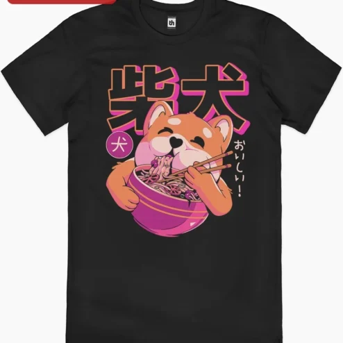 Shiba Inu Oishii Kawaii Ramen Noodle Tee on a hanger, ready to ship from Chicago, Illinois