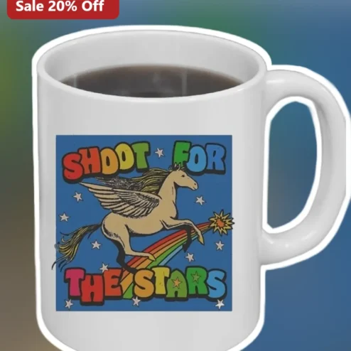 Shoot For The Stars Mug Motivational Pegasus Rainbow Design Inspirational Coffee Cup Gift for Dreamers Students Teachers