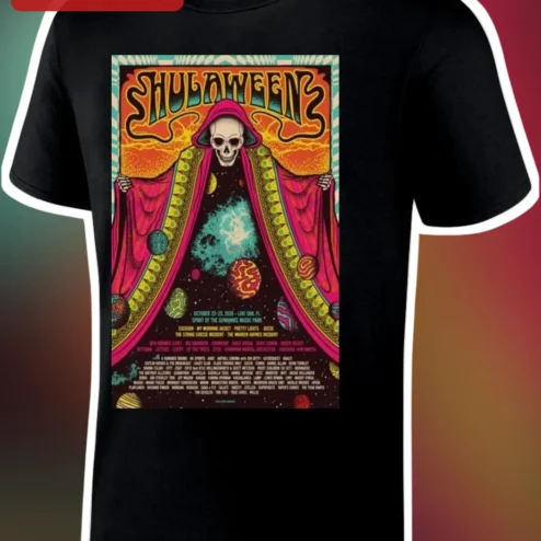 SHULAWEEN Psychedelic Skeleton Cosmic Hooded Robe Graphic Tee Halloween Jam Band Music Festival Merch