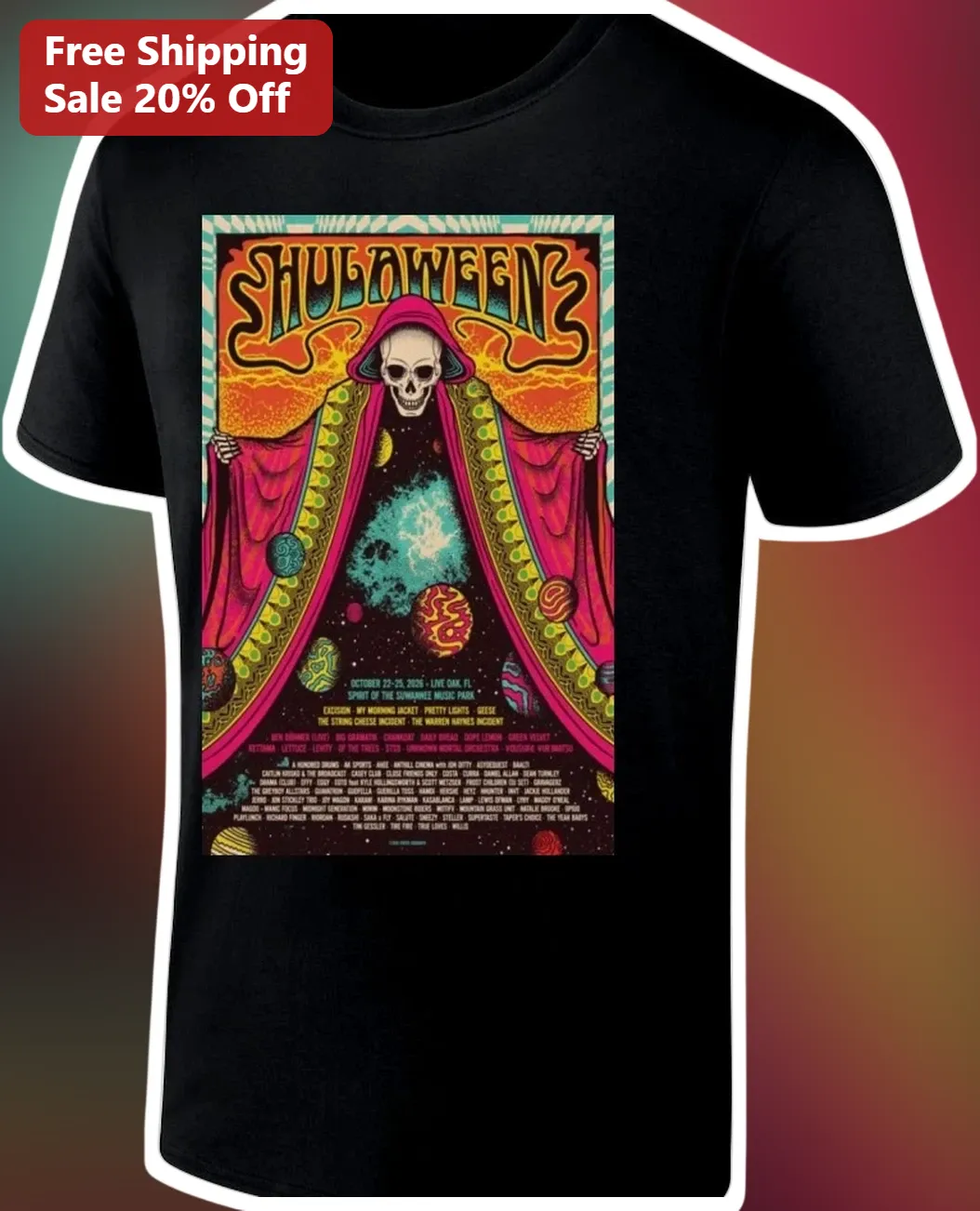 SHULAWEEN Psychedelic Skeleton Cosmic Hooded Robe Graphic Tee Halloween Jam Band Music Festival Merch