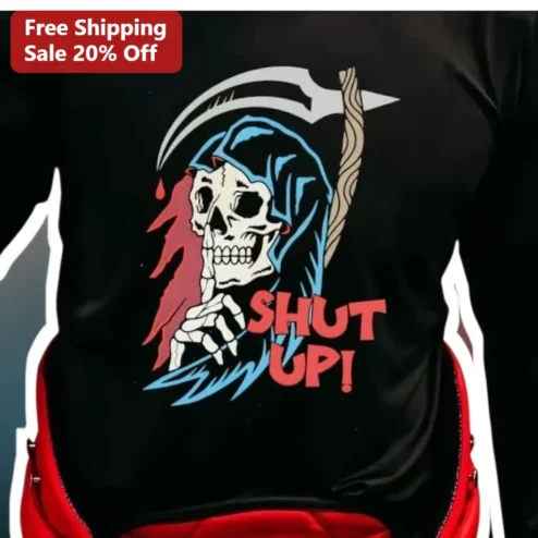 SHUT UP! Grim Reaper Shushing Graphic Tee Dark Humor Gothic Streetwear Shirt