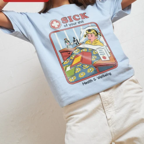 Customer in Chicago, Illinois wearing Sick Of Your Shit Health And Wellbeing Tee Retro Comic Sarcastic Humor Shirt