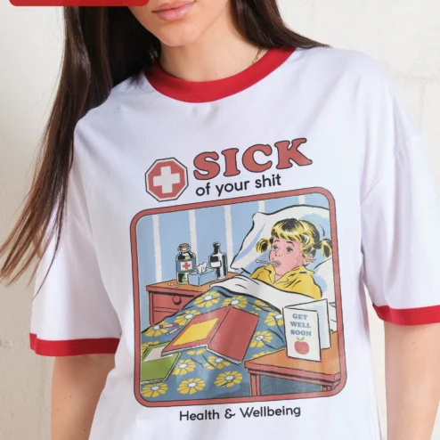 Close-up of Sick Of Your Shit Health And Wellbeing Tee Retro Comic Sarcastic Humor Shirt for streetwear fans in Chicago, Illinois