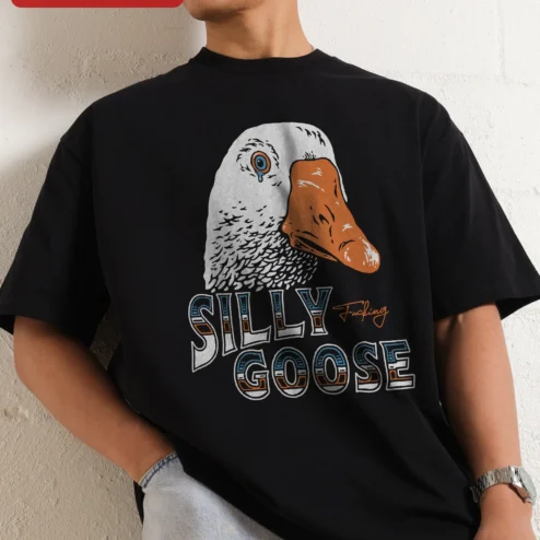 Silly F*cking Goose Tee Funny Crying Goose Graphic T-Shirt Retro Vintage Humor Gift for Women Men on a hanger, ready to ship from Chicago, Illinois