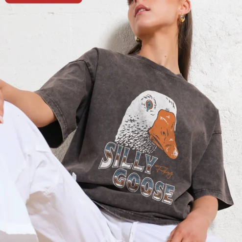 Silly Goose Graphic Tee Vintage Acid Wash Crying Bird Shirt for Men on a hanger, ready to ship from Chicago, Illinois