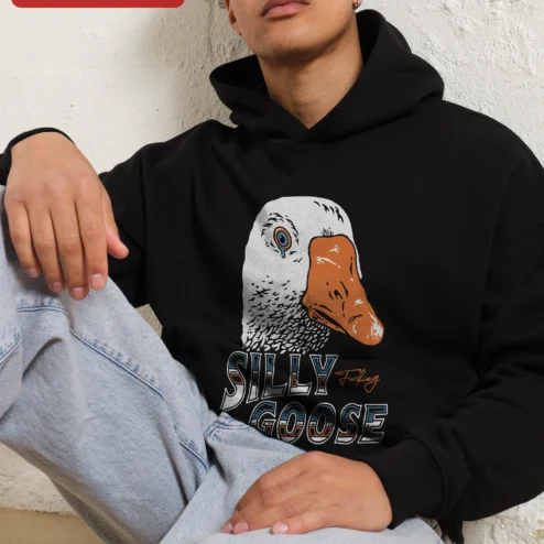 Silly Goose Hoodie Funny Crying Duck Graphic Sweatshirt Retro Distressed Vintage Style Gift for Men on a hanger, ready to ship from Chicago, Illinois