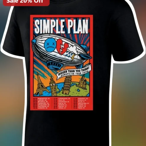 Simple Plan Bigger Than You Think Europe UK Tour 2026 Graphic Tee Pop Punk Band Merch