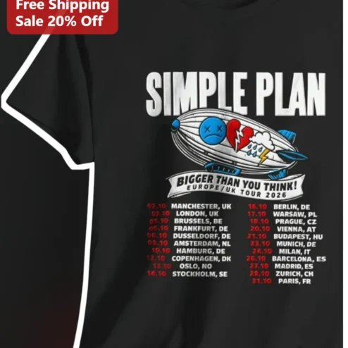 Simple Plan Bigger Than You Think Tour 2026 Europe UK Tee Pop Punk Band Merch