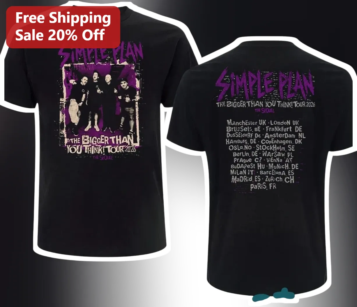 Simple Plan The Bigger Than You Think Tour 2026 Graphic Tee Pop Punk Band Merch