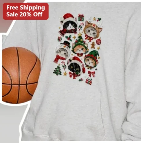 Six Cat Faces Christmas Hoodie White Festive Kitty Holiday Sweatshirt Gift