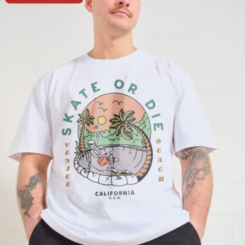 Skate Or Die Venice Beach California Skeleton Skateboard Retro Graphic Tee on a hanger, ready to ship from Chicago, Illinois