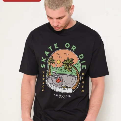 Skate Or Die Venice Beach California Skeleton Skateboard Retro Graphic Tee
