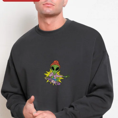 Customer in Chicago, Illinois wearing Skateboarding Alien Graphic Sweatshirt Retro Streetwear Crewneck for Men Women