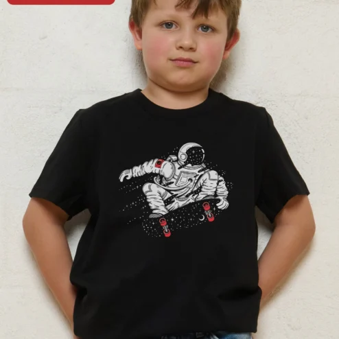 Skateboarding Astronaut Space Graphic Tee Kids Retro Sci-Fi Skater Shirt Gift on a hanger, ready to ship from Chicago, Illinois