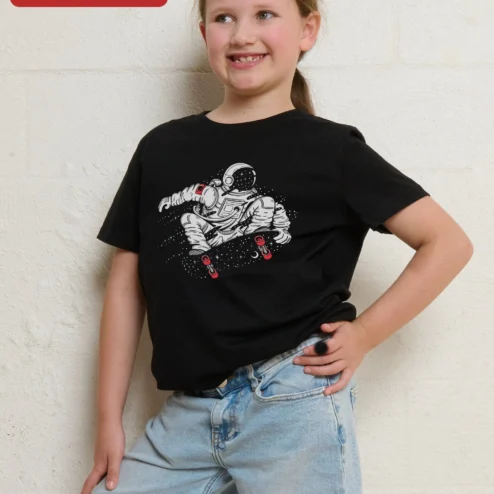 Skateboarding Astronaut Space Graphic Tee Kids Retro Sci-Fi Skater Shirt Gift