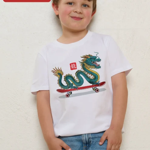 Skateboarding Dragon Tee Kids Asian Streetwear Graphic Shirt Lunar New Year Gift on a hanger, ready to ship from Chicago, Illinois