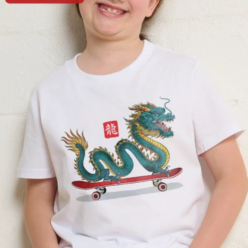 Skateboarding Dragon Tee Kids Asian Streetwear Graphic Shirt Lunar New Year Gift