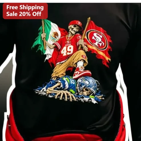 Skeleton 49ers vs Seahawks Day of the Dead Tee Halloween NFL Rivalry Graphic Shirt