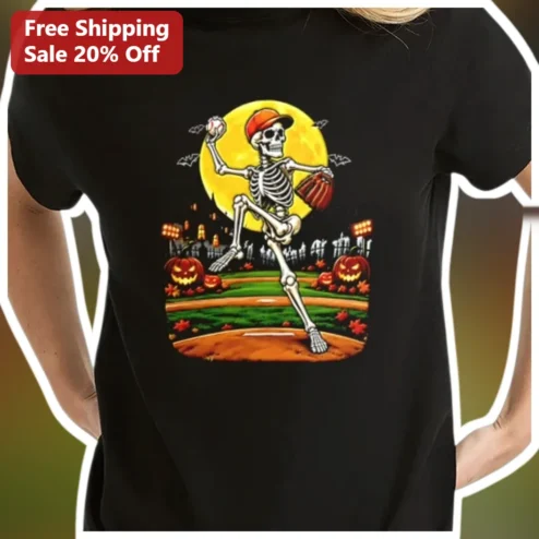 Skeleton Baseball Pitcher Halloween Tee Spooky Sports Graphic Shirt for Men Women