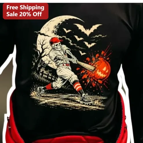 Skeleton Baseball Player Halloween Tee Vintage Spooky Sports Graphic Shirt for Men Women