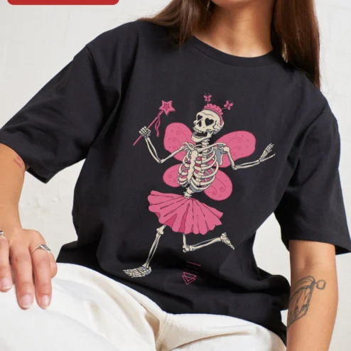 Skeleton Fairy Halloween Graphic Tee Cute Spooky Gothic Skull Wings Shirt for Women Men