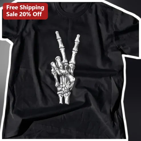 Skeleton Hand Peace Sign Tee Gothic Vintage Style Halloween Shirt for Men Women