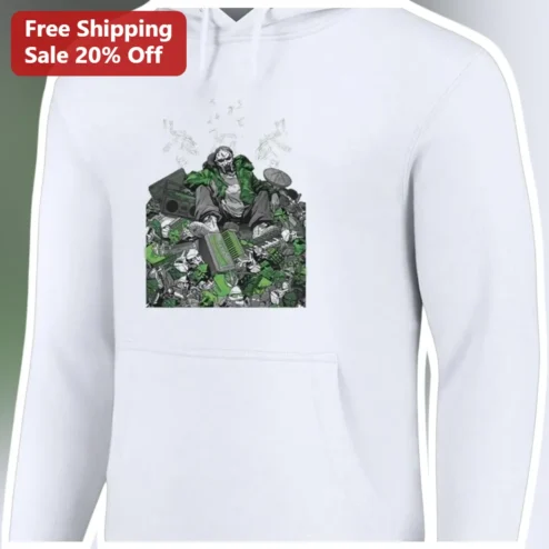Skeleton in Green Hoodie Retro Tech Pile Graphic Pullover for Men Women Gothic Streetwear Apparel
